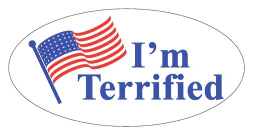 An oval-shaped sticker features a waving American flag on the left and the text 'I'm Terrified' in bold blue letters to the…