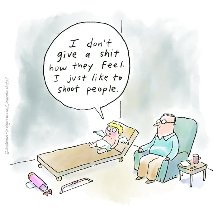A cartoon depicts a baby with wings lying on a hospital bed, speaking through a speech bubble that reads 'I don't give a…