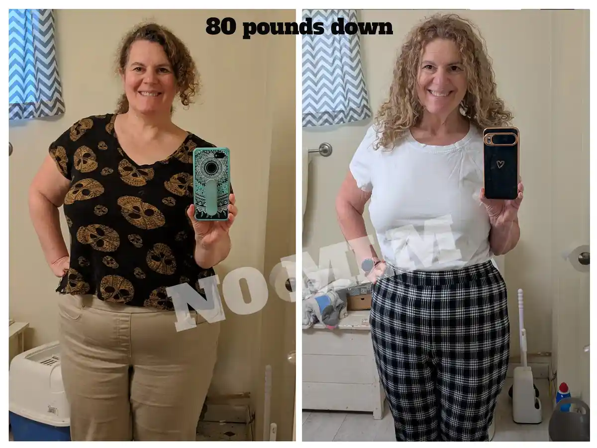 A side-by-side comparison of a woman in a bathroom mirror, showing her before and after losing 80 pounds. On the left, she…