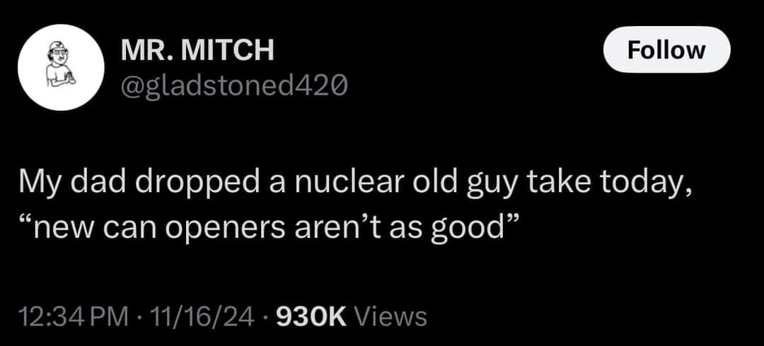 A screenshot of a tweet from user MR. MITCH (@gladstoned420) shows a black background with white text. The tweet reads: 'My…