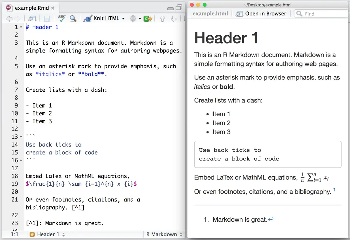 The image displays two side-by-side computer screens: one showing an R Markdown source file with syntax like *italics* and…