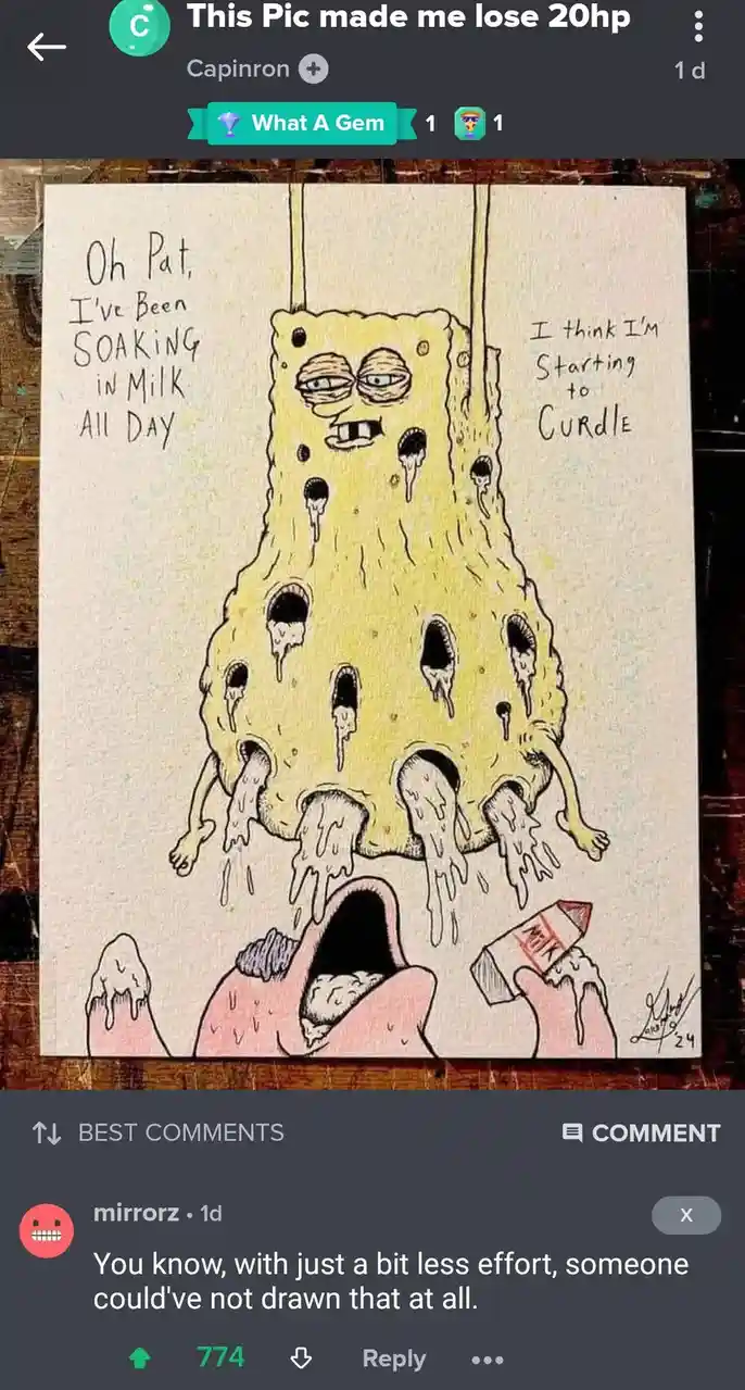 A hand-drawn cartoon depicts a yellow, porous sponge character hanging by ropes, visibly soaked and curdling, with milk…