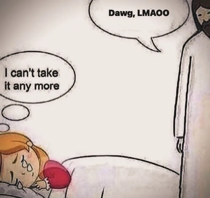 A cartoon depicts a distressed girl with glasses, clutching a red pillow and crying in bed, with a thought bubble saying 'I…