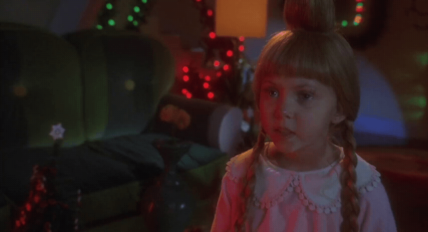 A six-panel meme from the movie 'How the Grinch Stole Christmas' showing a young girl with braided hair and a pink dress…