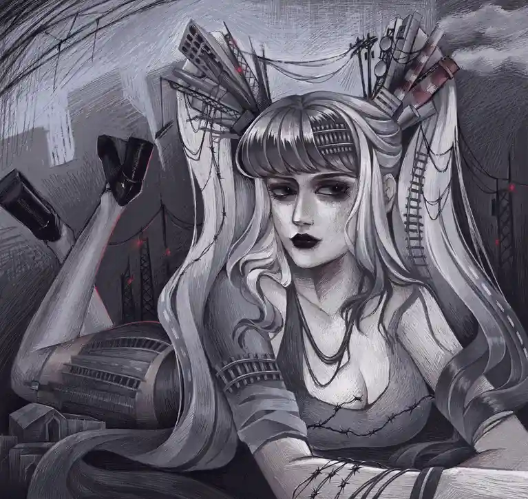 A grayscale illustration of a woman with long white hair, barbed wire woven into her hair and clothing, and industrial…