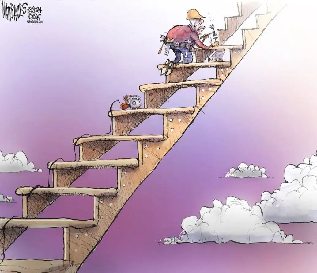 A cartoon depicts an elderly man in a hard hat and tool belt, hammering a nail into a wooden staircase that ascends into the…