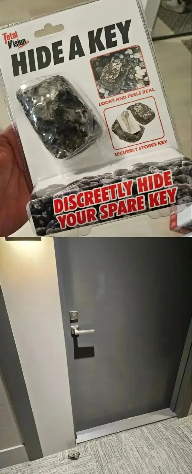 The top image shows a product package labeled 'HIDE A KEY' by Total Vision, featuring a rock-like object that supposedly…