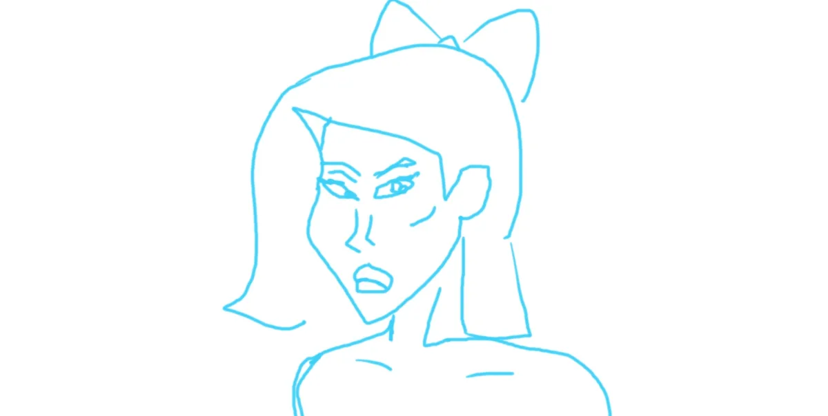 A simple blue line drawing shows a woman with cat ears and a stern, unimpressed facial expression. The text overlaid on the…