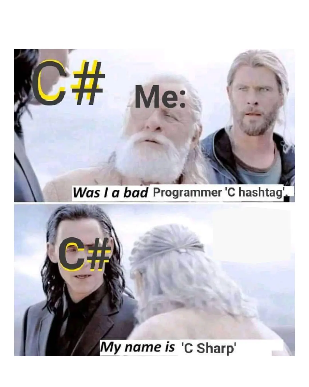 The top panel shows Odin (white beard) and Thor (blond hair) looking confused as 'C#' is superimposed over Odin's head and…
