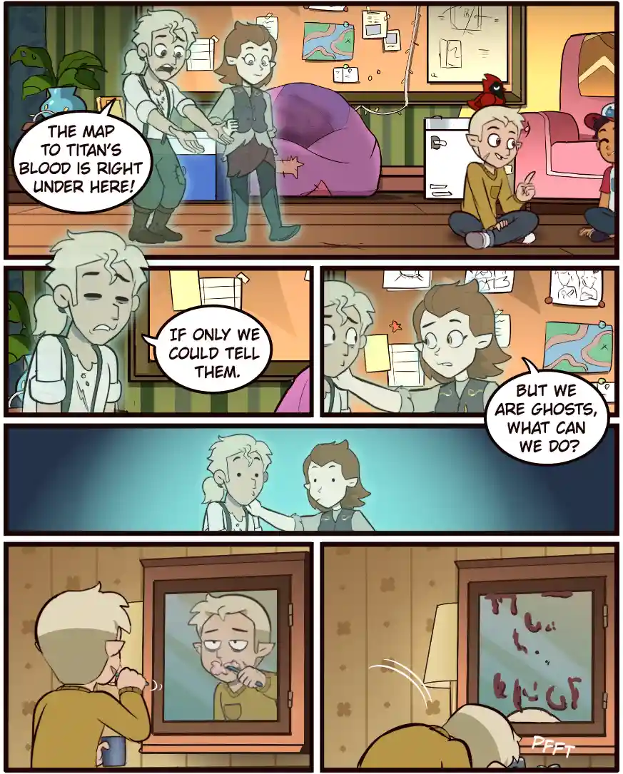 A comic strip shows two ghostly characters in a room, excitedly pointing to a map on the wall, then frustrated they can't…