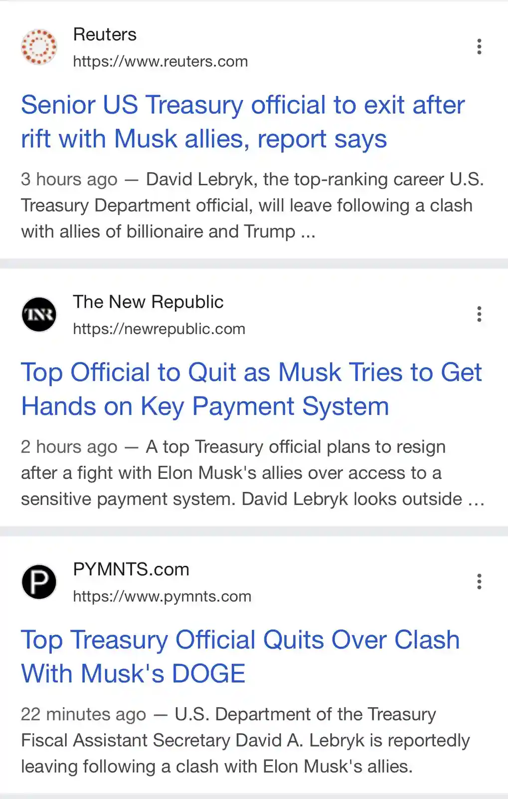 A screenshot of three news headlines from Reuters, The New Republic, and PYMNTS.com, all reporting that David Lebryk, a top…