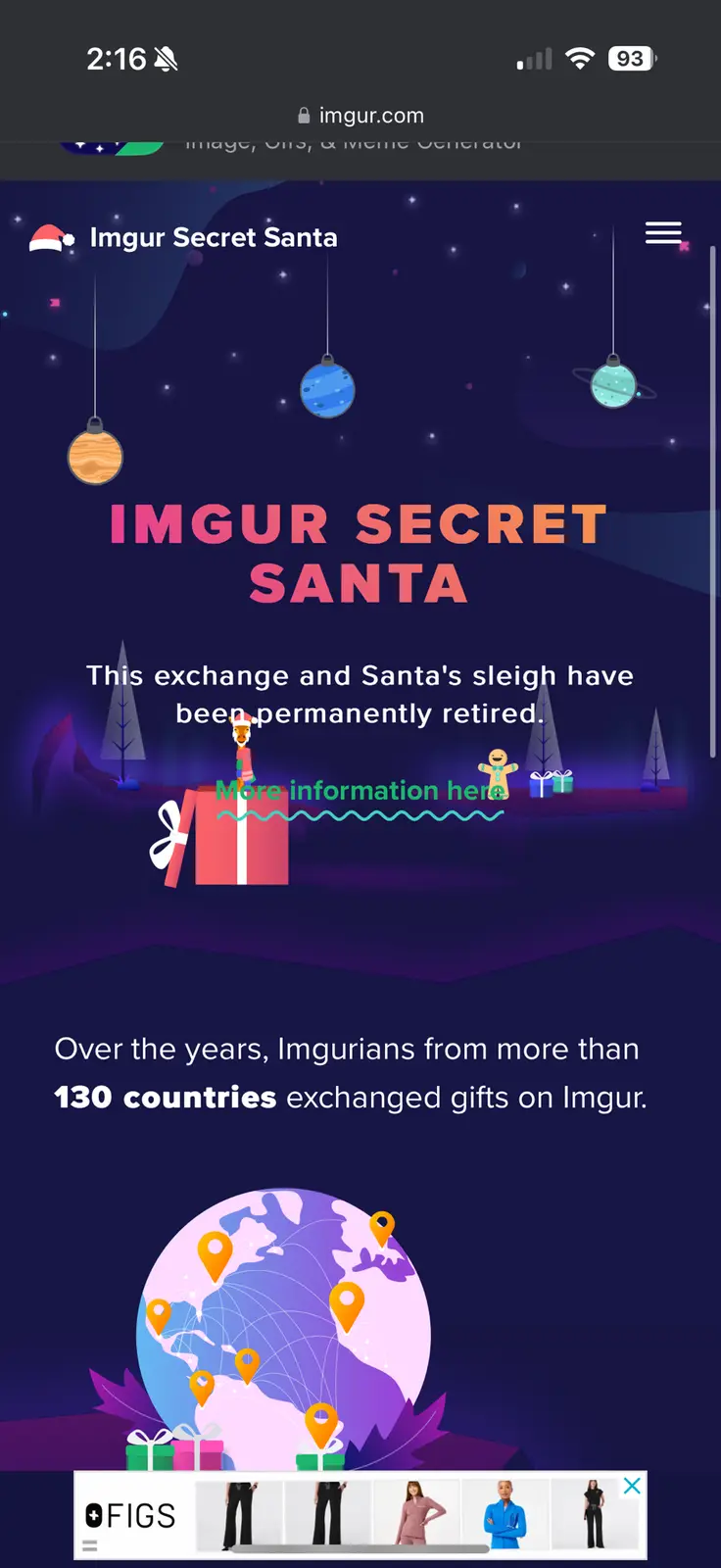 An Imgur webpage announcing the permanent retirement of its Secret Santa gift exchange feature, featuring festive holiday…