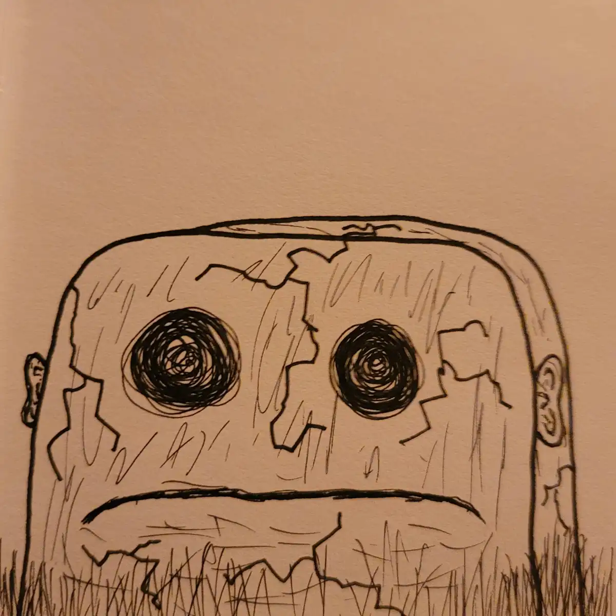 A hand-drawn, black-and-white sketch on beige paper depicts a cracked, zombie-like head with spiral eyes, a wide mouth, and…