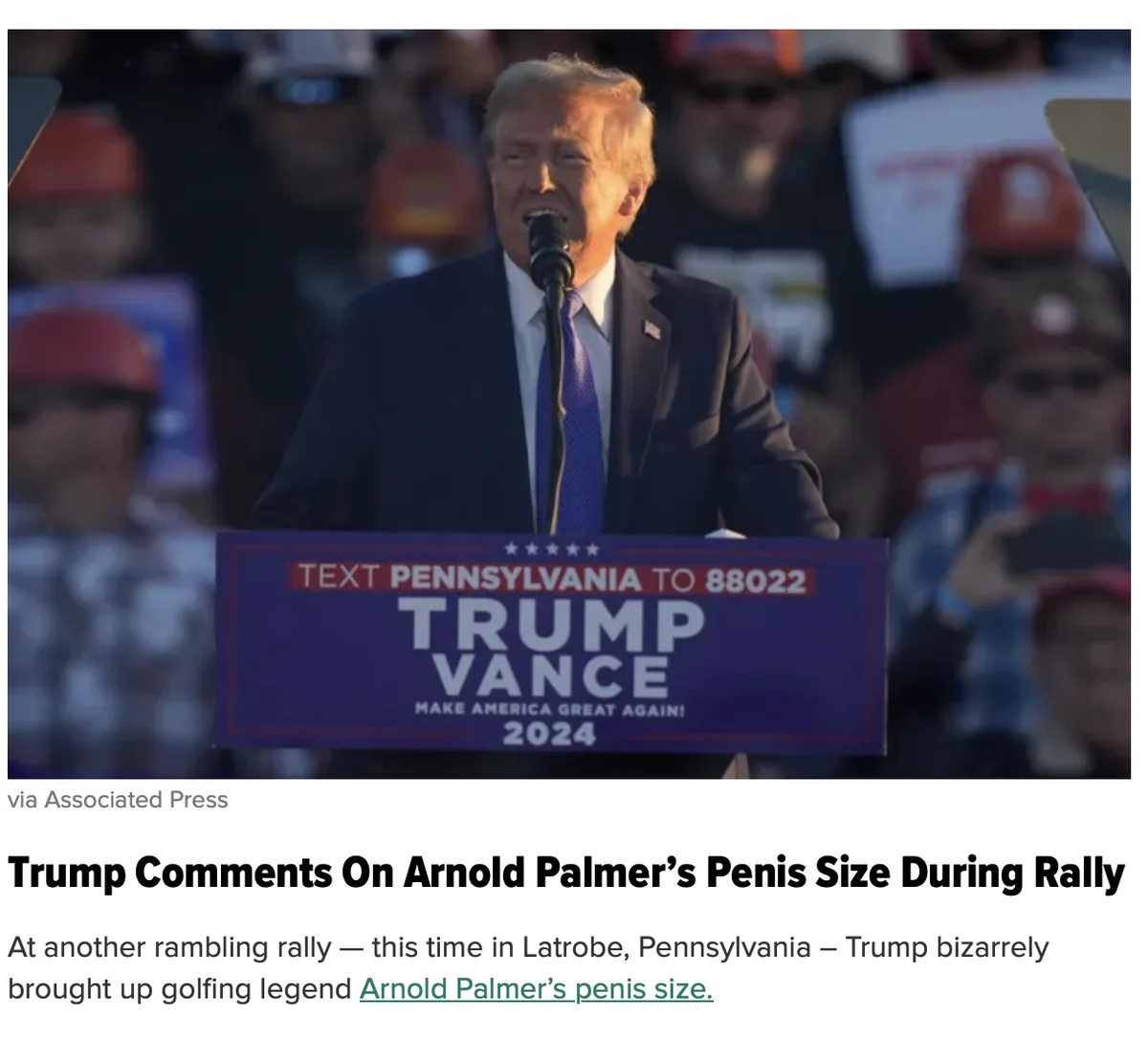 A photo of Donald Trump speaking at a rally, standing behind a podium that reads 'TEXT PENNSYLVANIA TO 88022 TRUMP VANCE…