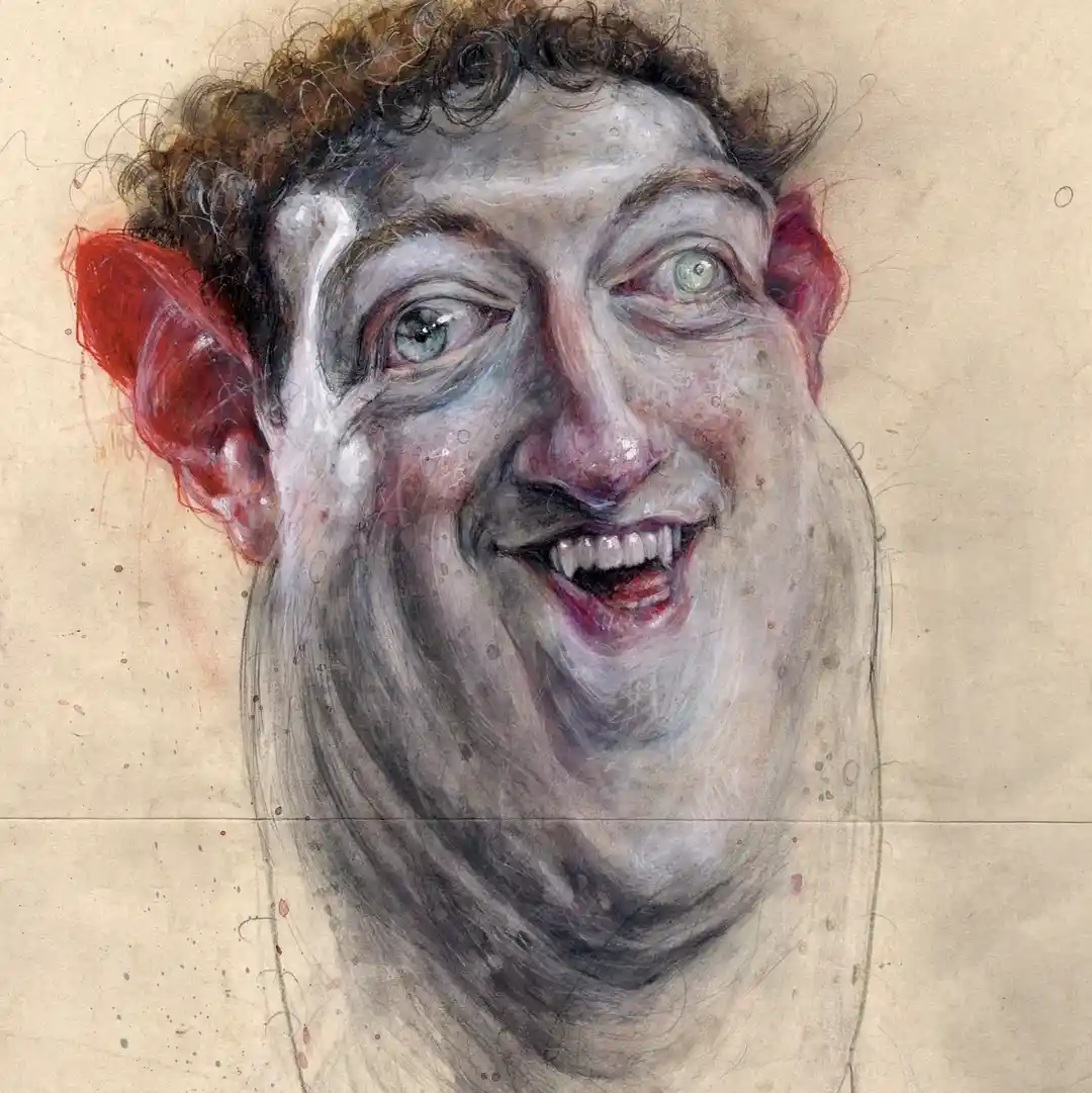 A painted portrait of a man with exaggerated red ears, wide eyes, and a toothy grin showing fangs, resembling a vampire or…