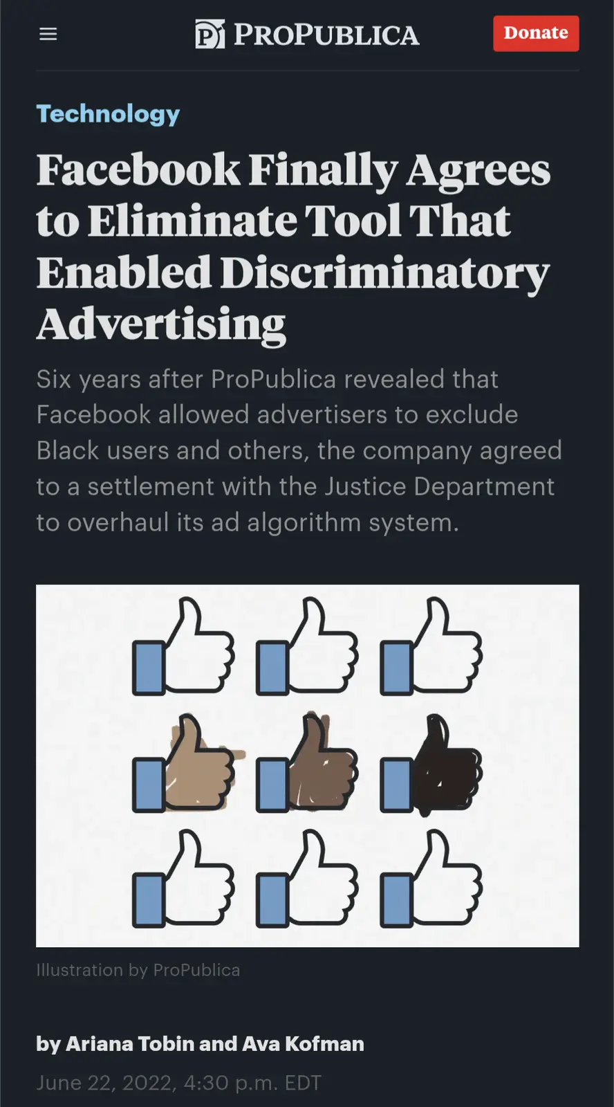 A ProPublica news article screenshot about Facebook agreeing to eliminate a discriminatory ad tool, featuring an…