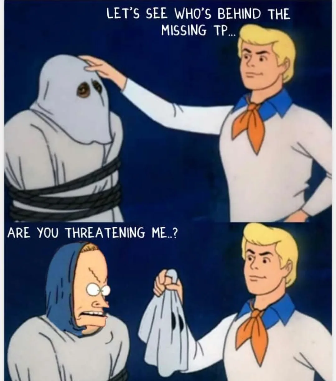 Top panel: A cartoon Fred Jones from Scooby-Doo places a hand on the head of a bound ghost. Bottom panel: Fred holds up a…