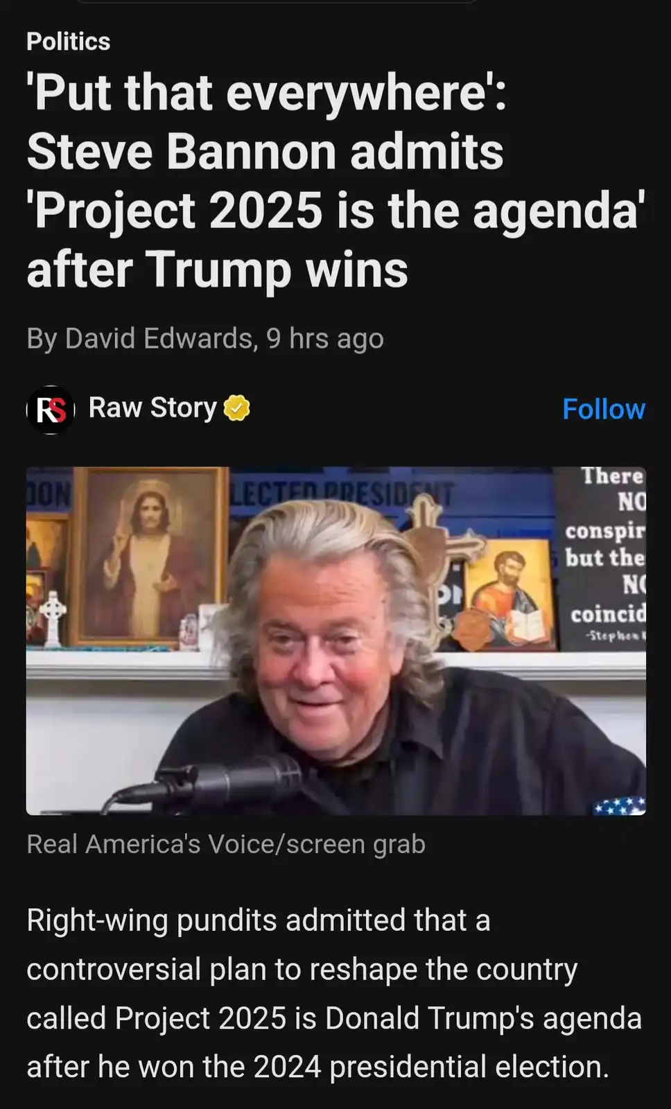 A screenshot of a news article from Raw Story shows a photo of Steve Bannon smiling while speaking into a microphone. Behind…