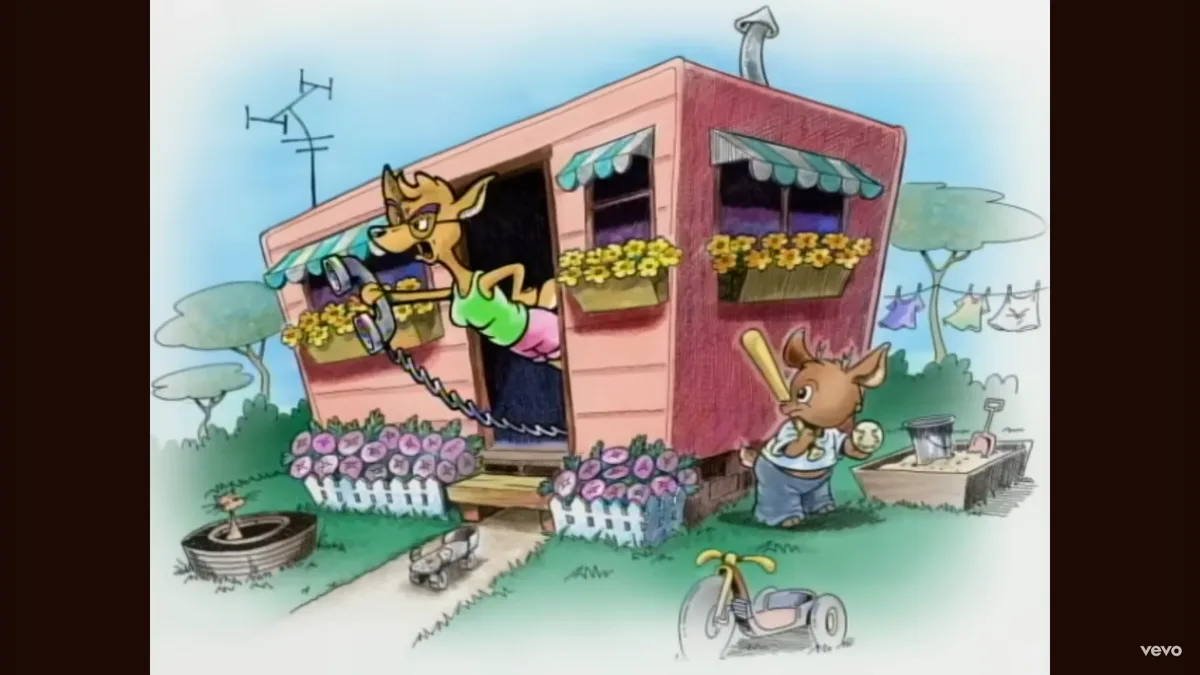 A cartoon deer woman in a green top and pink shorts leans out of a pink trailer's doorway, holding a telephone receiver with…