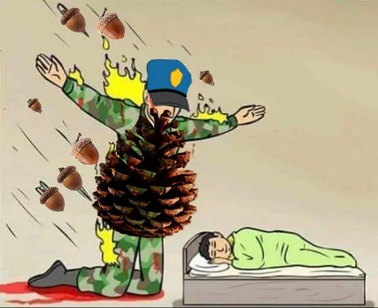 A cartoon soldier in camouflage uniform and police cap is kneeling, engulfed in flames and covered by a large pinecone, with…