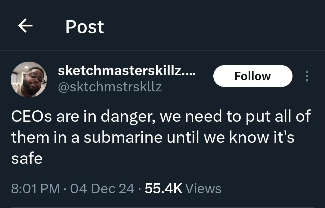 A screenshot of a social media post from user 'sketchmasterskillz...' with the text 'CEOs are in danger, we need to put all…