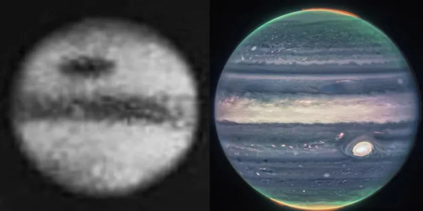 The image displays two side-by-side views of Jupiter: the left is a grainy, low-resolution grayscale image showing a faint…