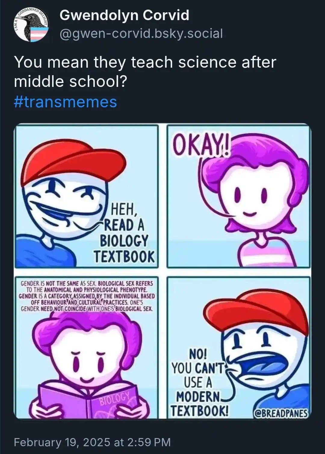 A four-panel comic shows a smug man in a red cap telling a purple-haired woman to read a biology textbook. She agrees, reads…