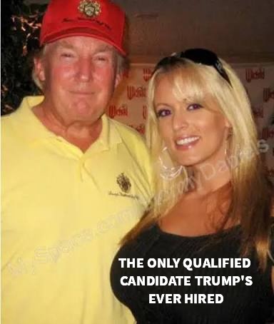 A photo of Donald Trump wearing a red cap and yellow polo shirt standing next to a blonde woman in a black top. The text…