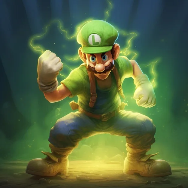 Luigi, the green-clad video game character, is shown in a powerful, crouched fighting stance with glowing green energy…