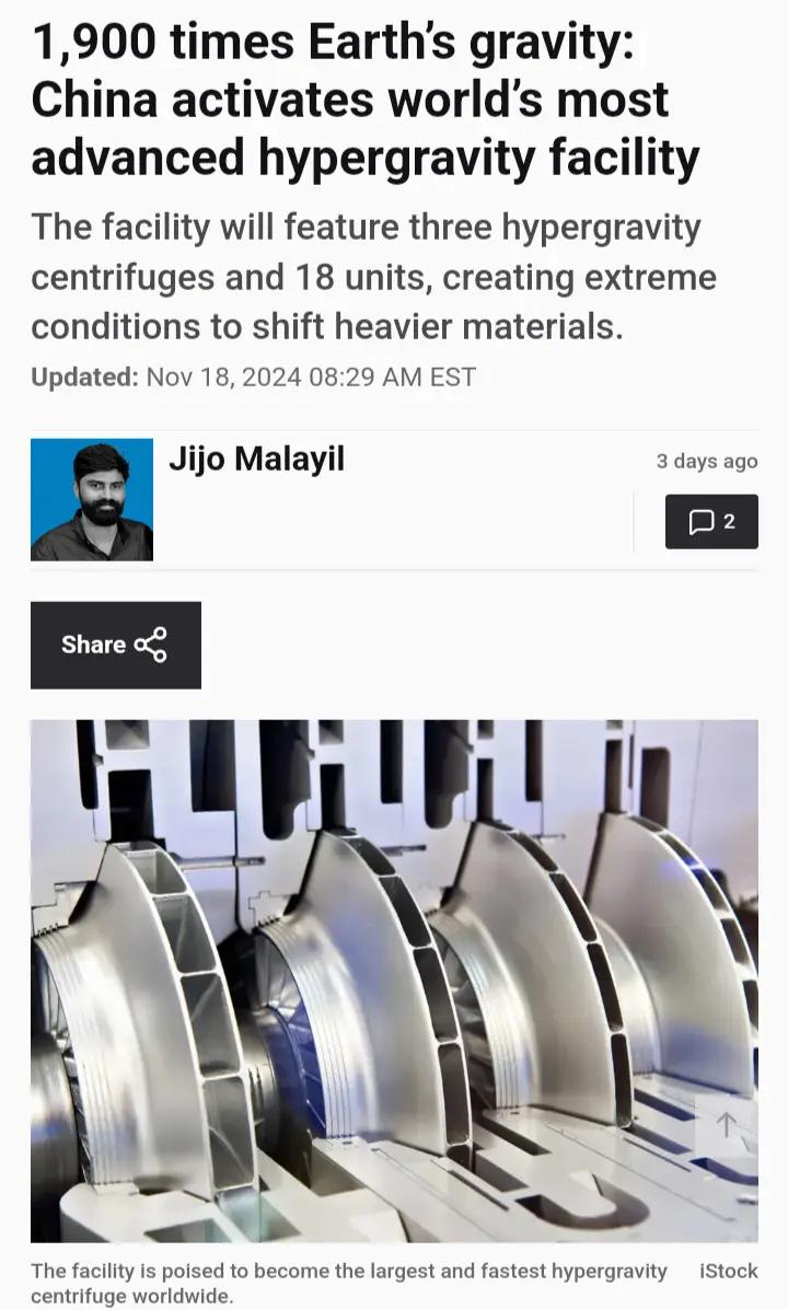 A screenshot of a news article about China activating a hypergravity facility, featuring a photo of large, metallic…