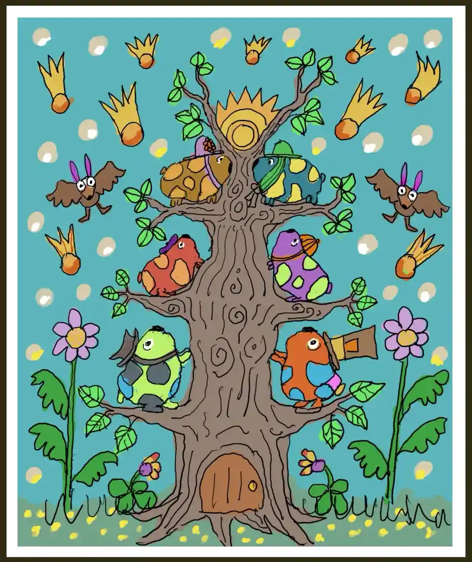 A colorful cartoon illustration shows a large tree with a door at its base and multiple branches holding various whimsical…
