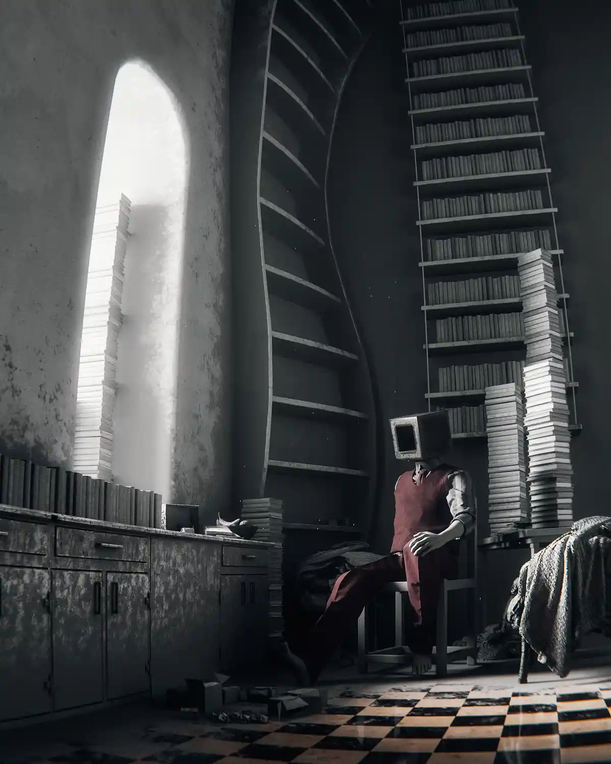 A person with a square, box-like head sits on a chair in a dim, surreal room filled with towering bookshelves and stacks of…