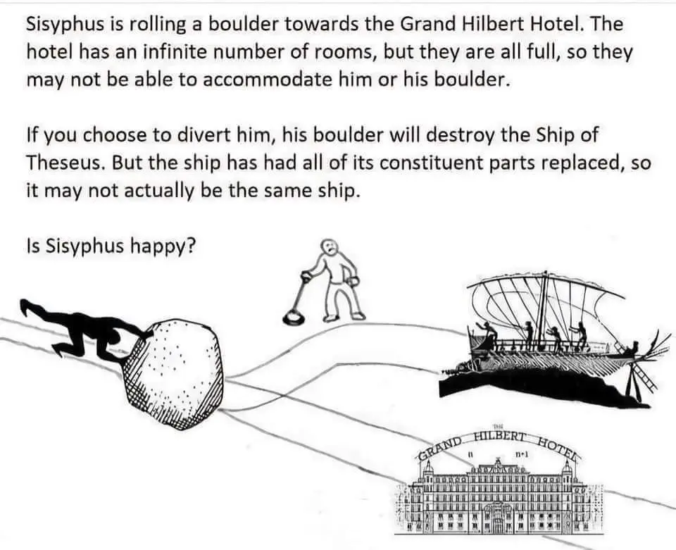 A black-and-white line drawing shows Sisyphus pushing a boulder uphill, with three paths leading away: one to the Grand…