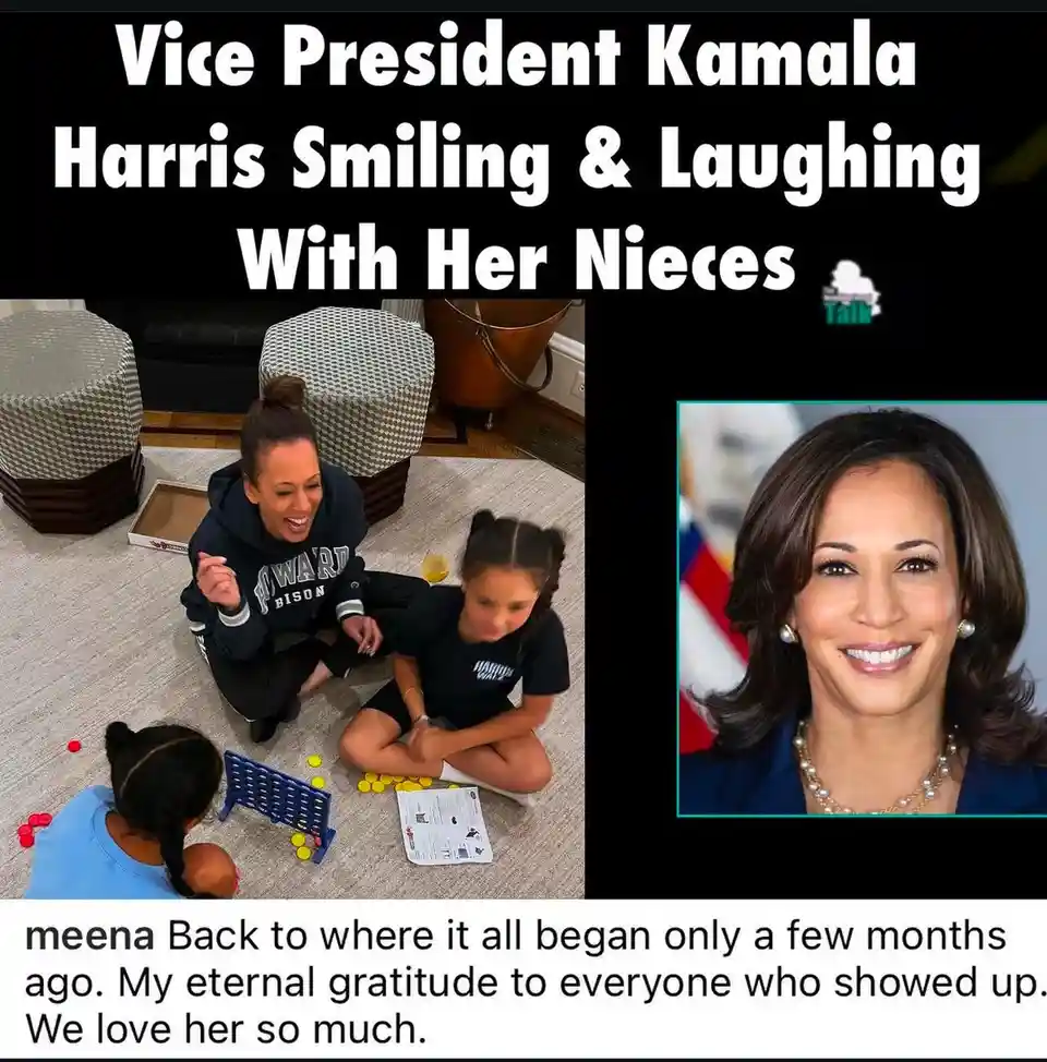 The image shows a split-screen: on the left, Vice President Kamala Harris laughing while playing a board game with two young…