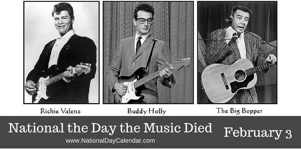 Three black-and-white photos of musicians Richie Valens, Buddy Holly, and The Big Bopper, each holding a guitar. Below them…