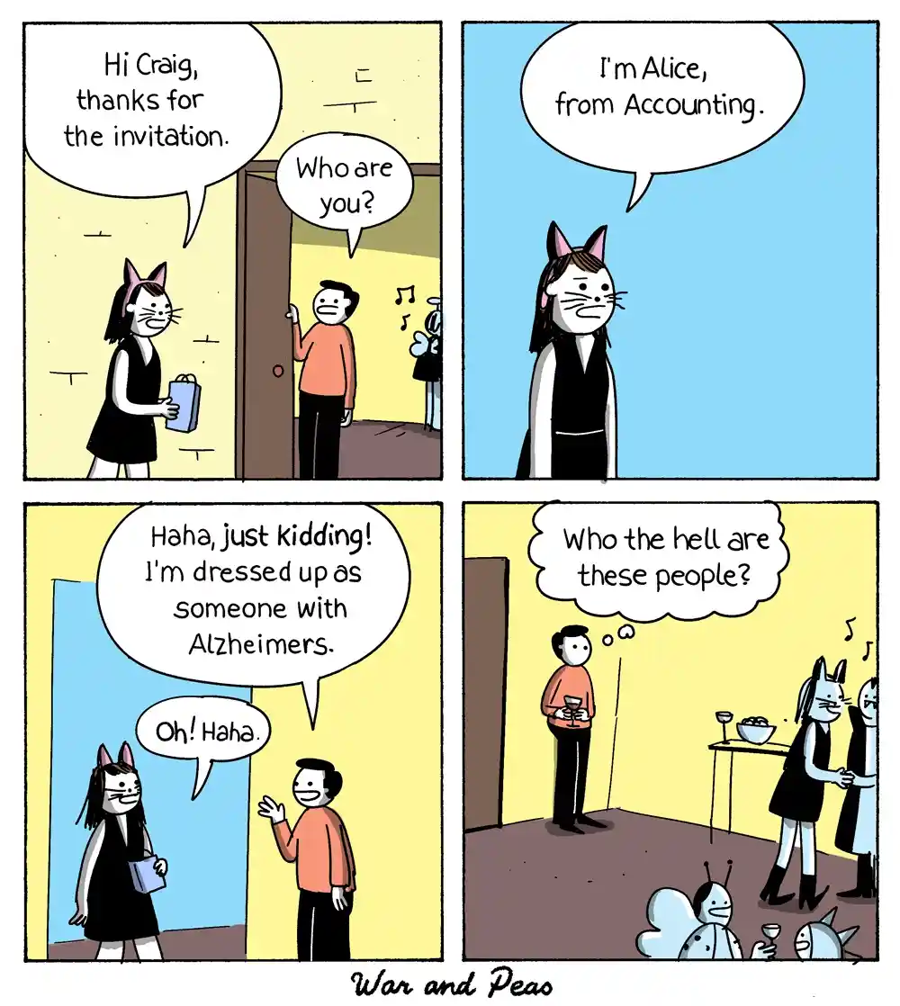 A four-panel comic strip from 'War and Peas' shows a man named Craig opening his door to a woman in a cat-eared costume who…