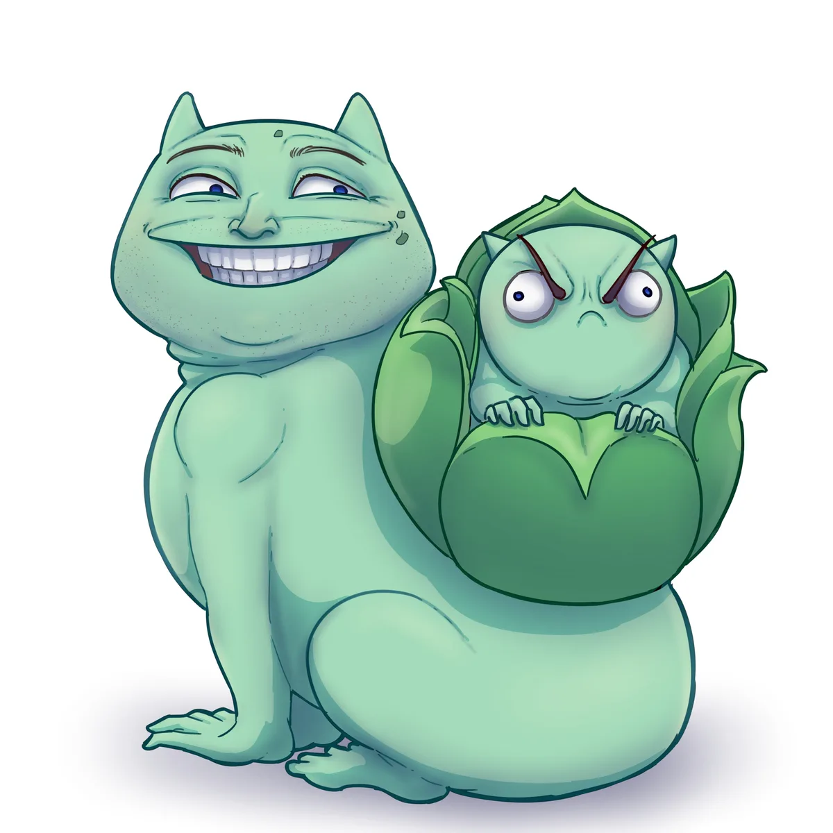 Two green cartoon cat-like creatures sit together; the larger one on the left smiles broadly with eyes crinkled in…