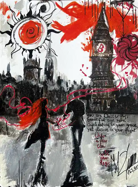 An abstract painting depicts two silhouetted figures walking in a cityscape with Big Ben and a stylized sun. Red paint…