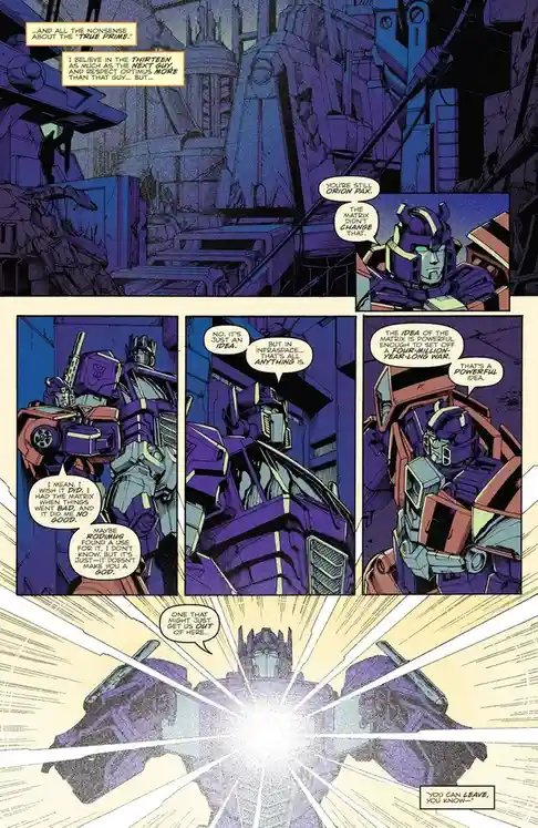 A comic panel from Transformers showing Orion Pax reflecting on the Matrix's power, stating it's just an idea, but one…