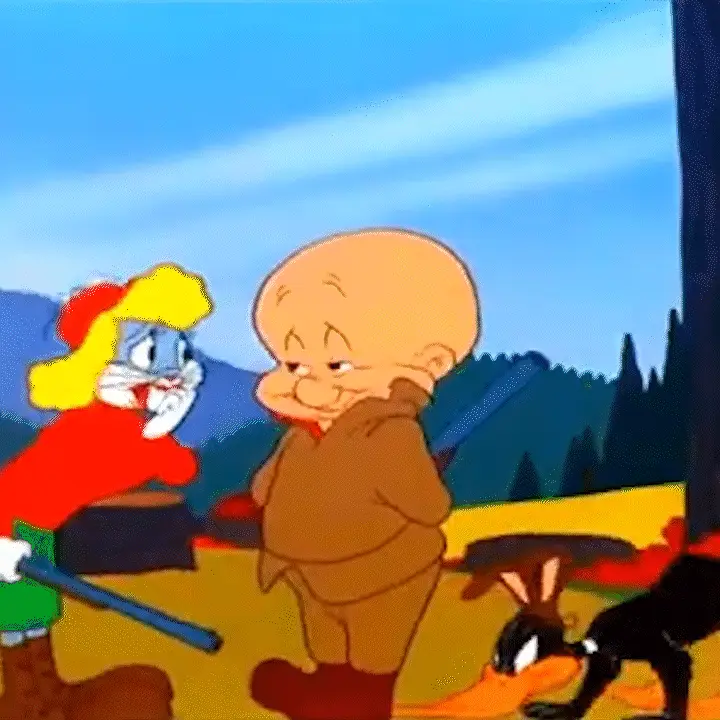 a six-panel comic strip from a Looney Tunes cartoon shows a blue cat with a red and yellow hat whispering to a bald, chubby…