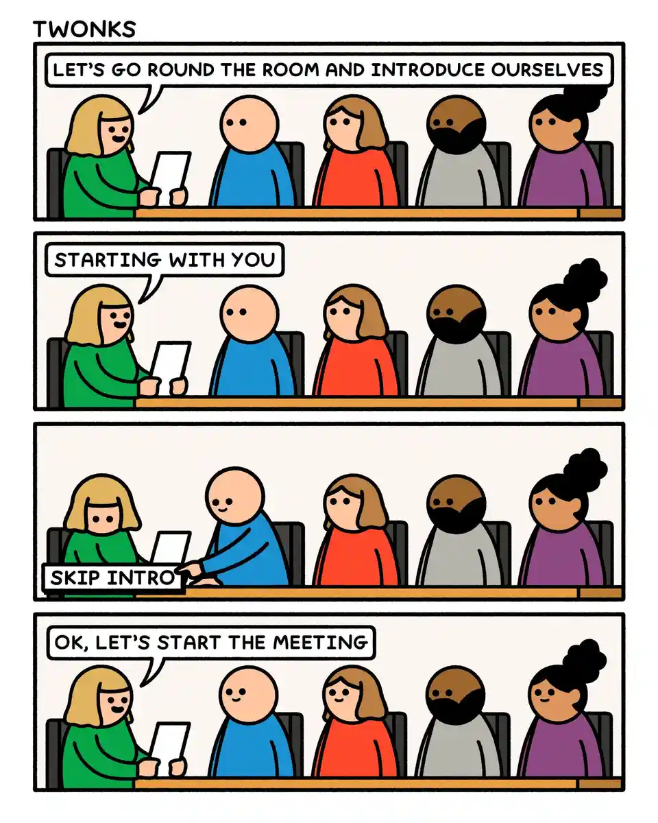 A four-panel comic strip titled 'TWONKS' shows a meeting where a woman in green initiates a round of introductions. She asks…