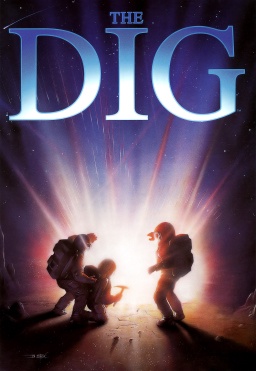 Two astronauts in bulky space suits stand before a glowing, radiant portal in a dark, starry void. The title 'THE DIG' is…
