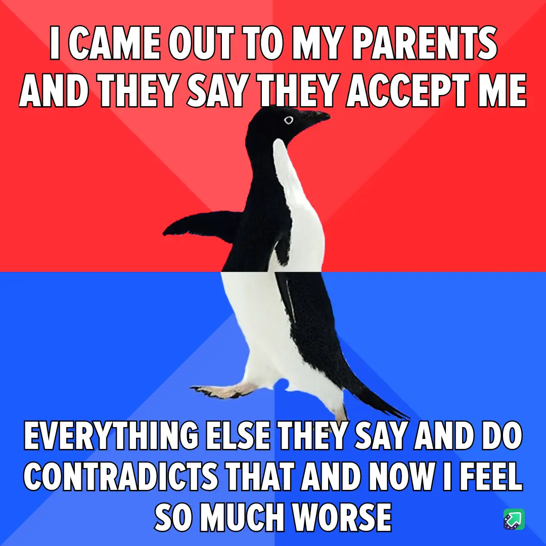 A penguin stands centered against a red and blue background, with bold white text overlaid in two sections. The top text…