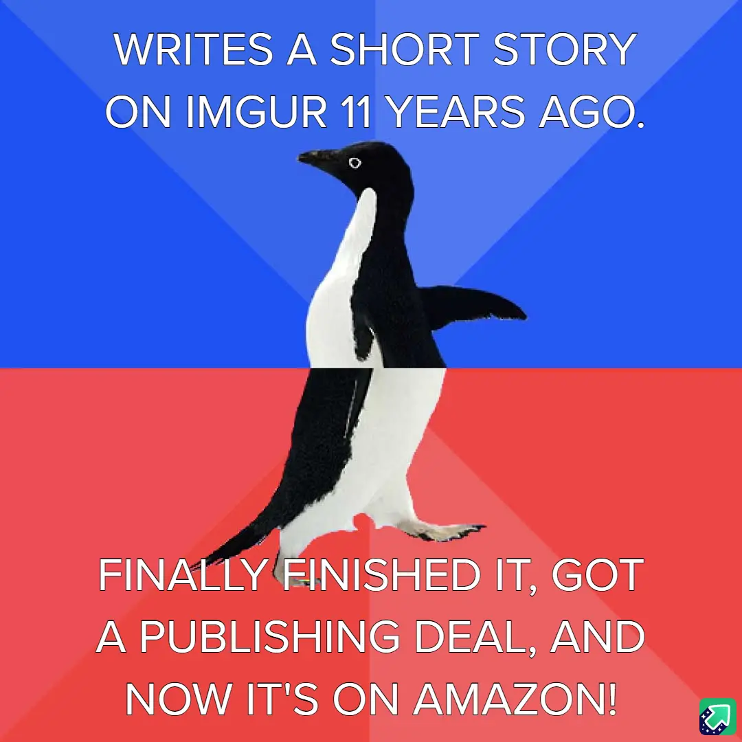 A penguin stands centered against a blue and red background, split horizontally. The top half reads 'WRITES A SHORT STORY ON…