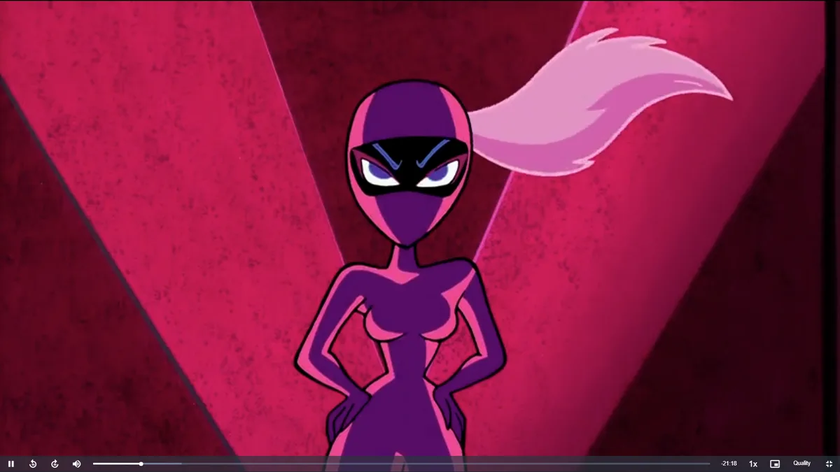 An animated female character in a purple ninja-style outfit with a pink ponytail stands with hands on hips against a red…