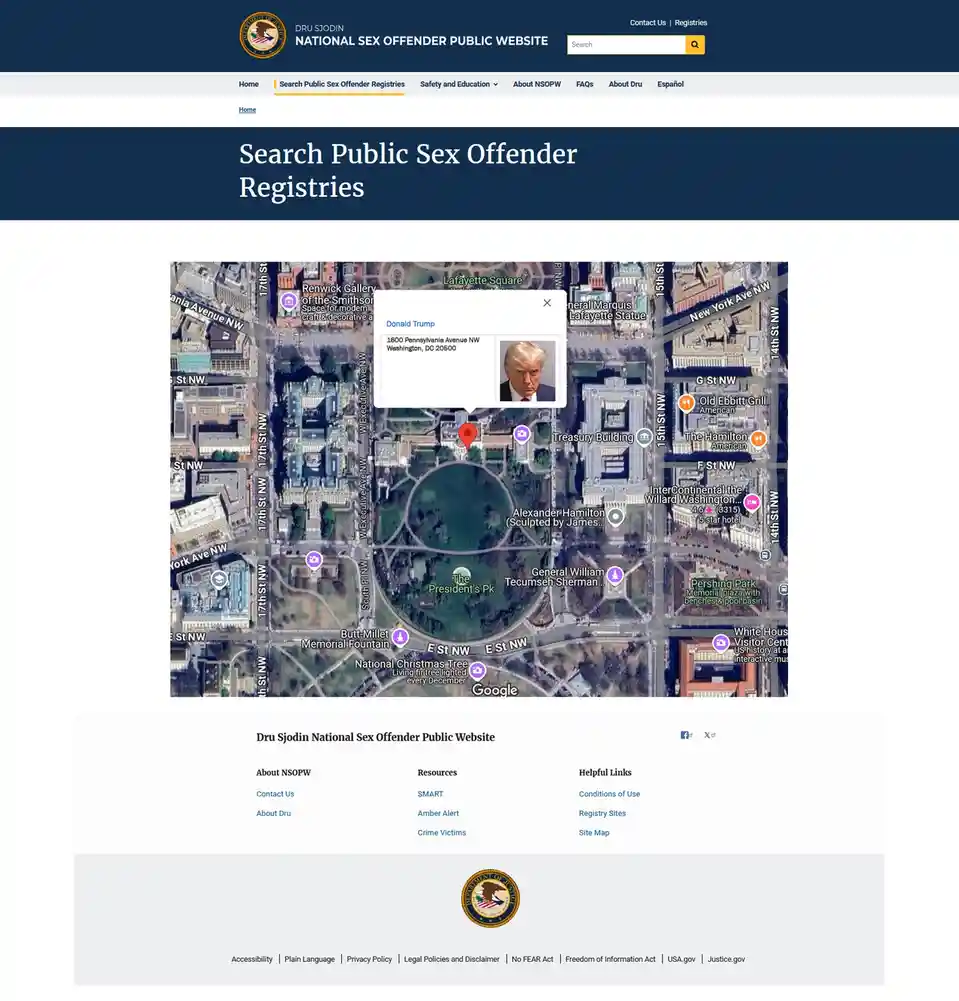 A screenshot of the Dru Sjodin National Sex Offender Public Website shows a Google Maps view of Washington D.C. with a red…