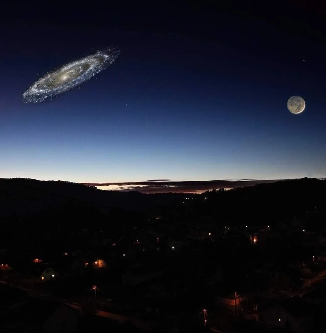 A nighttime photo of a town with hills and distant lights, overlaid with a digitally inserted spiral galaxy on the left and…