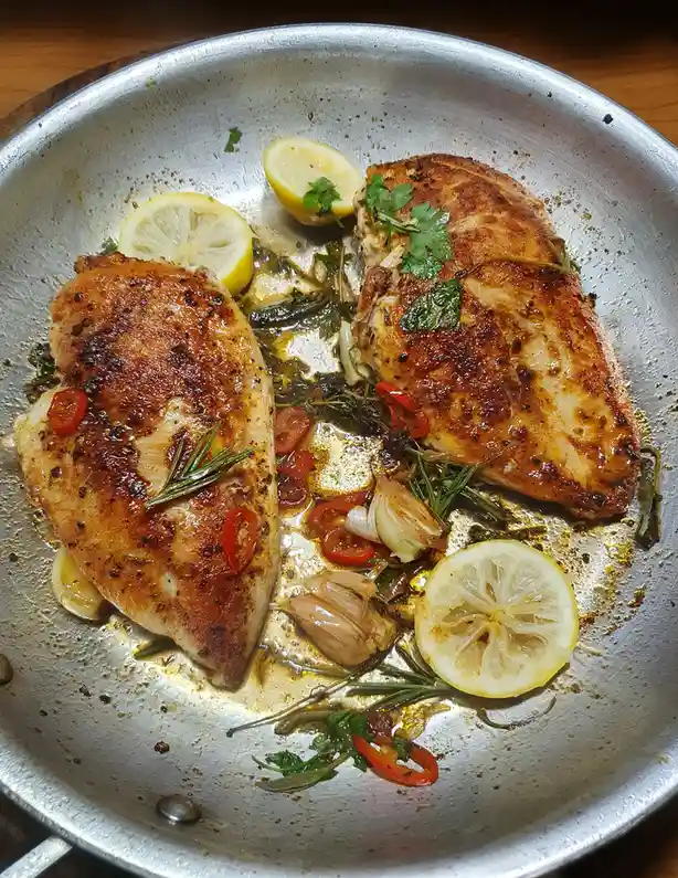 A close-up photo of two golden-brown seared chicken breasts in a stainless steel skillet, surrounded by lemon slices…