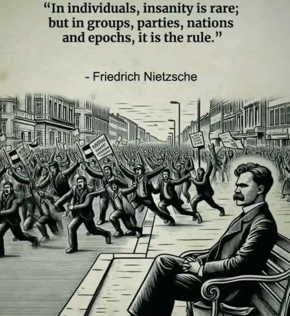 A black-and-white illustration shows a calm man with a mustache sitting on a bench, observing a chaotic crowd of protesters…