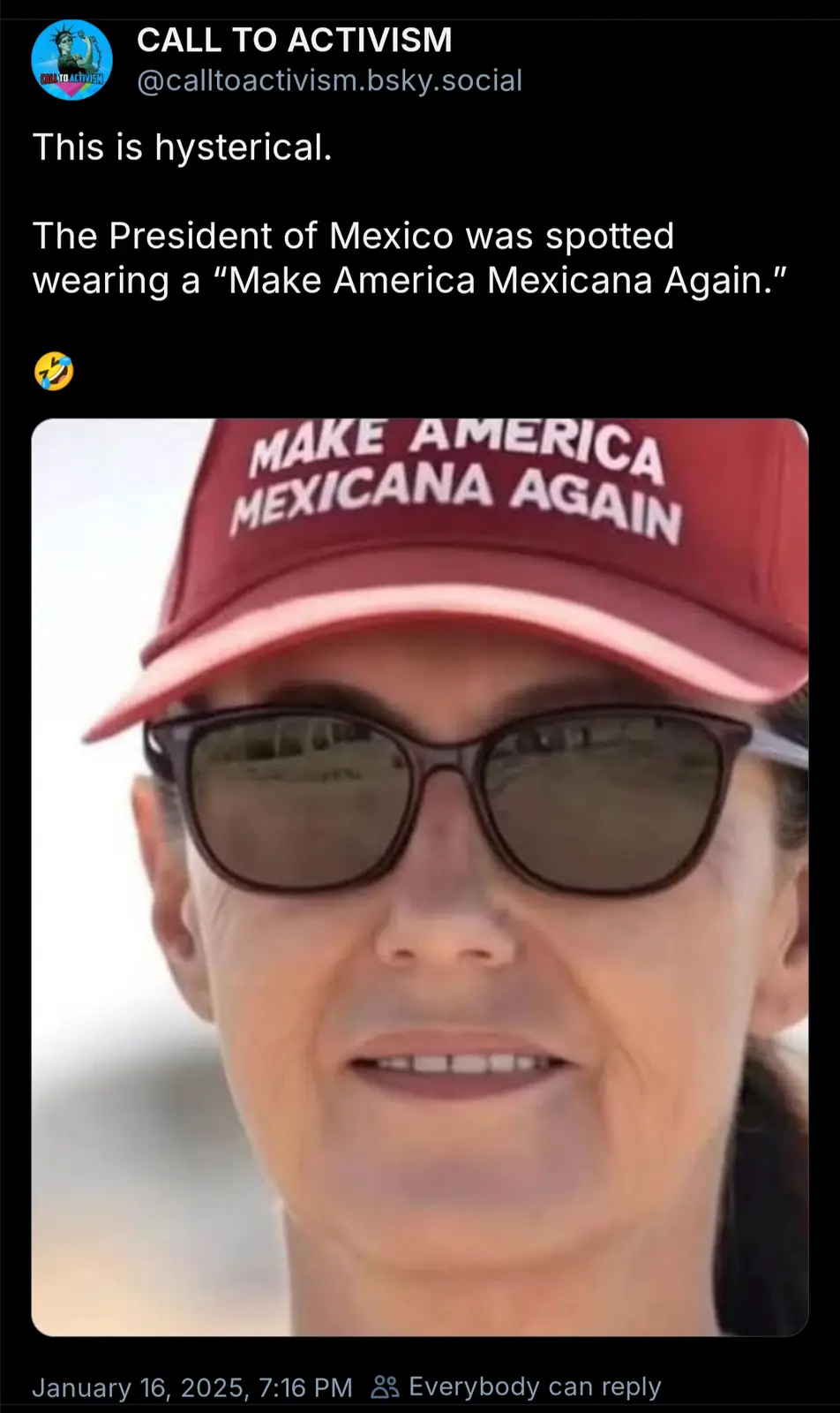 A close-up photo shows a person wearing a red baseball cap with the text 'MAKE AMERICA MEXICANA AGAIN' in white letters…